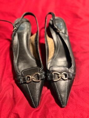 Black Coach Pointed Toe Slingback Kitten Heels